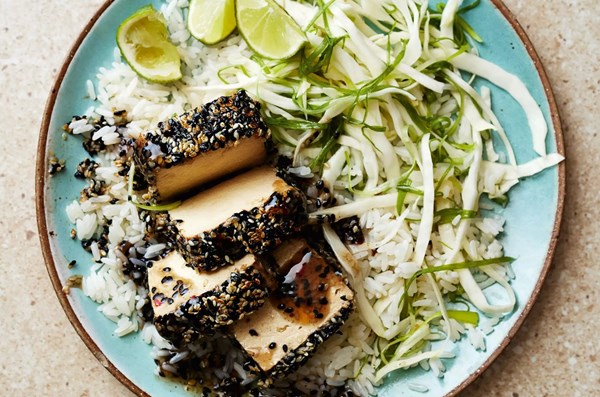 Sesame crusted tofu steak with lime & sweet chilli