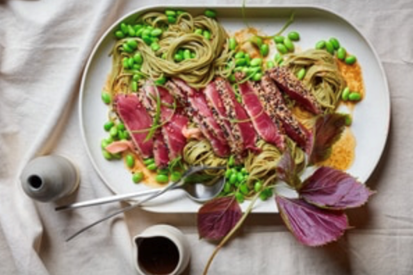 Sesame-crusted tuna with green tea noodle salad