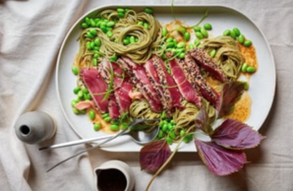 Sesame-crusted tuna with green tea noodle salad