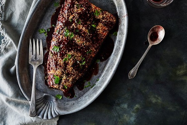 Sesame encrusted salmon with Pinot noir reduction