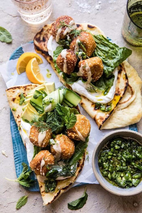 Sesame falafel with ginger tahini and jalapeño sauce