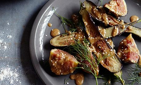 Sesame-fried aubergine and fig