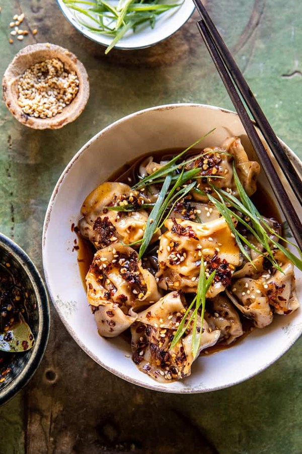 Sesame ginger dumplings in chili oil