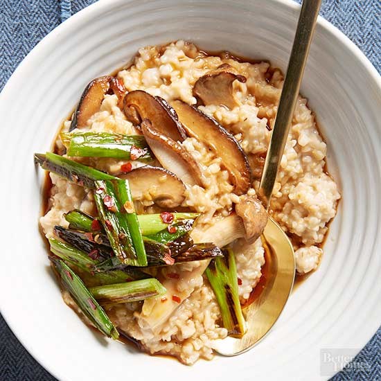 Sesame-ginger oats with mushrooms and charred green onions