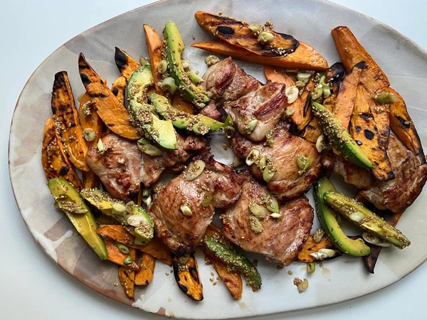 Sesame-lemon grilled chicken & sweet potatoes