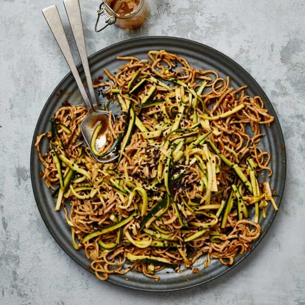 Sesame noodles with smacked courgettes