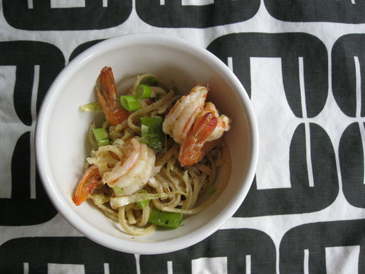Sesame noodles with spicy pickled shrimp