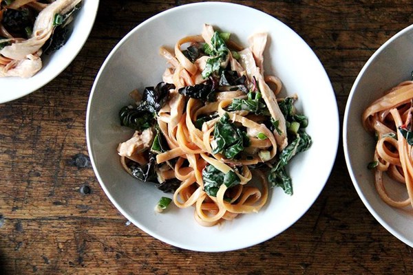 Sesame noodles with Swiss chard and chicken