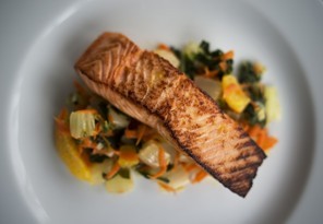 Sesame orange salmon with warm bok choy salad