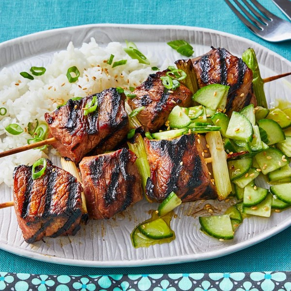 Sesame pork kebabs with cucumber salad