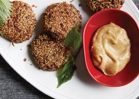 Sesame rice and adzuki bean cakes with miso sauce