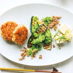 Sesame rice cakes with zucchini, broad beans, tofu and walnut relish