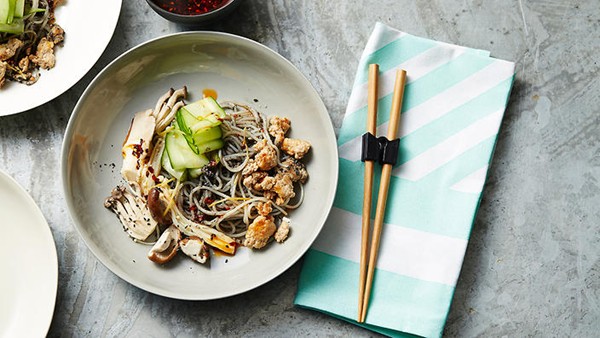 Sesame rice noodles with pork and pickled mushrooms