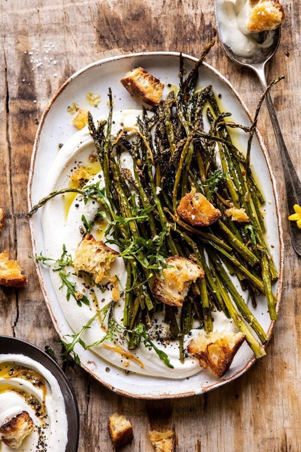 Sesame roasted asparagus with whipped feta