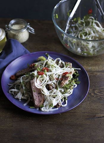 Sesame-roasted duck with pak choi & noodles