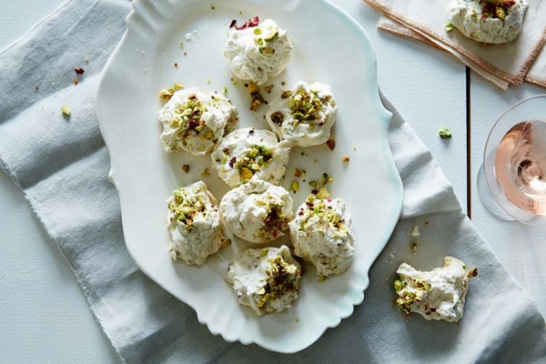 Sesame-rose-pistachio meringues