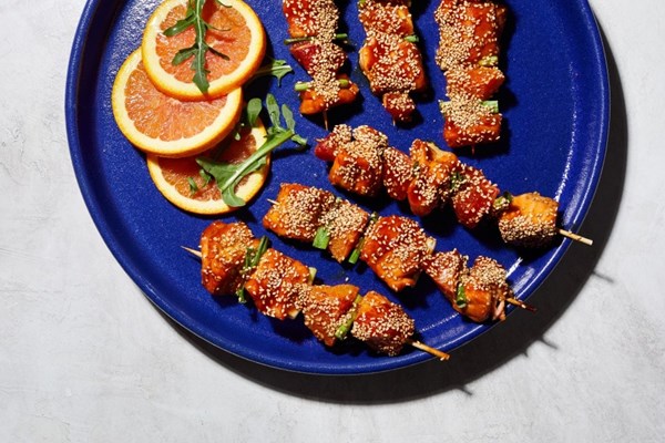 Sesame salmon kebabs