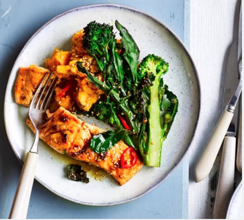 Sesame salmon, purple sprouting broccoli & sweet potato mash