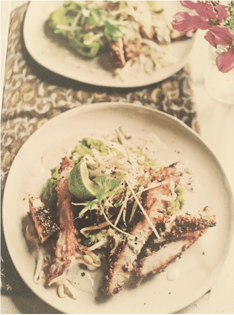 Sesame seared tuna salad, pea mash and bean shoots