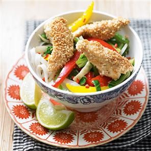 Sesame seed crusted chicken stir-fry