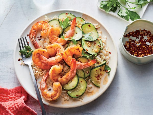 Sesame shrimp with smashed cucumber salad