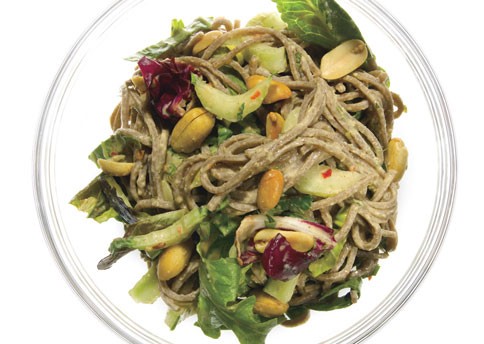 Sesame soba noodles with cucumber, bok choy, and mixed greens