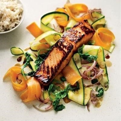 Sesame soy salmon and vegetables with coconut rice