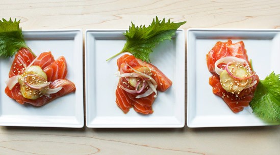 Sesame-soy salmon sashimi with cucumber-fennel pickle from Slurping Turtle in Chicago