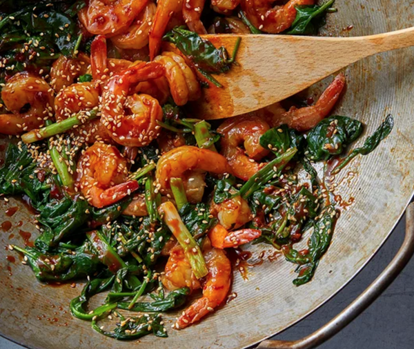 Sesame stir-fry shrimp & spinach
