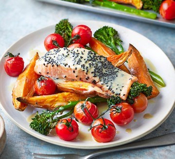 Sesame sweet potato & salmon bake