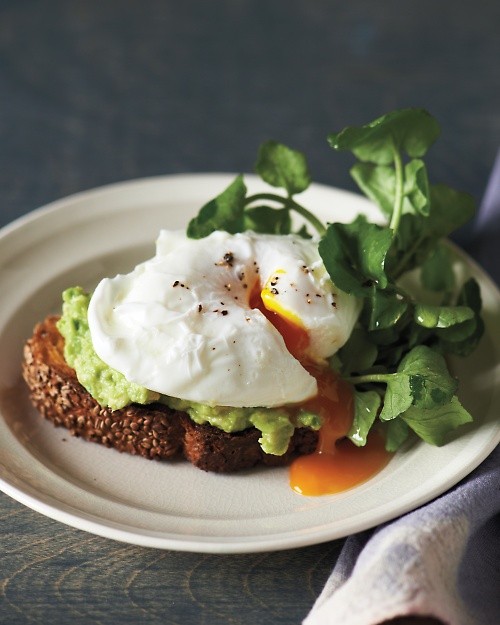 Sesame toasts with poached eggs and avocado
