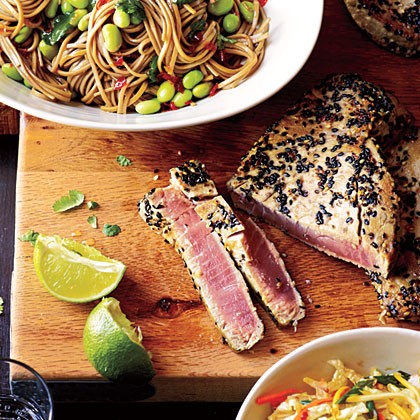 Sesame tuna with edamame and soba