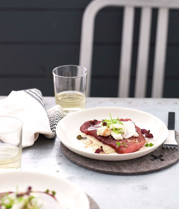 Sesame tuna with white miso eggplant, crab meat dressing, shiso and bonito [David Moyle]