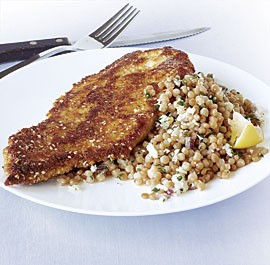 Sesame turkey cutlets with Israeli couscous pilaf