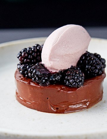 Set chocolate custard with blackberry ice cream