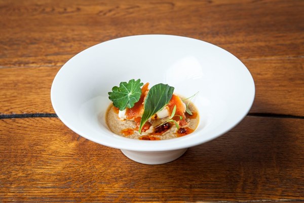  Set egg custard with maple cream, cod roe and chilli oil
