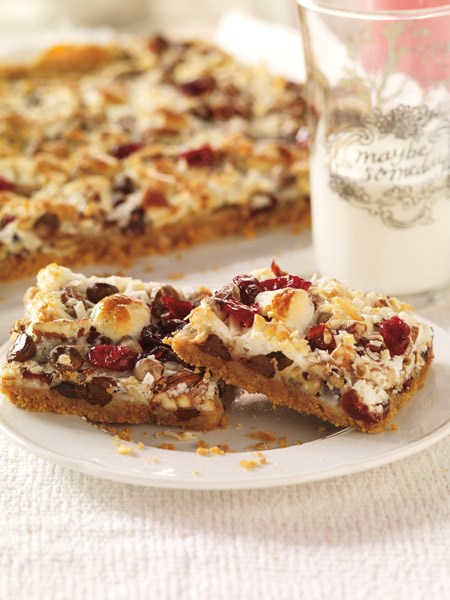 Seven-layer bars with marshmallows and dried cranberries