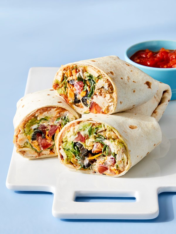 Seven-layer chicken burrito