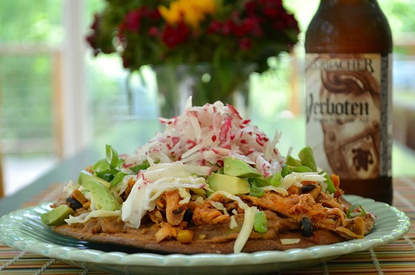 Seven layer chicken tostadas