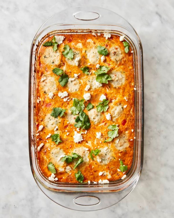 Shakshuka-ish breakfast casserole with feta drop biscuits