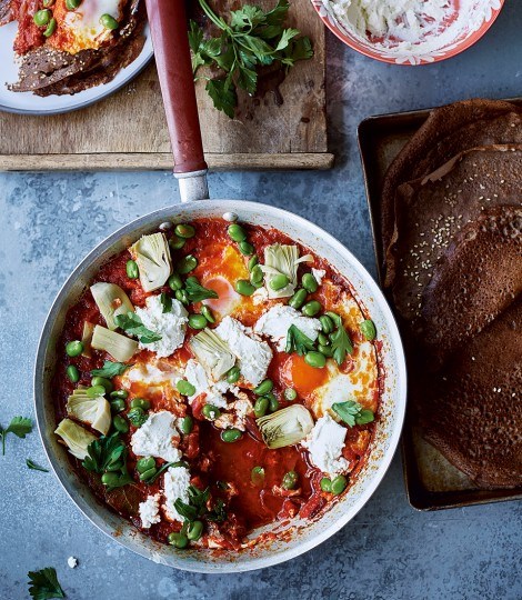 Shakshuka with broad beans and labneh