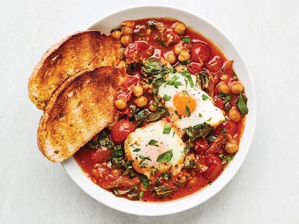 Shakshuka with chickpeas and Swiss chard