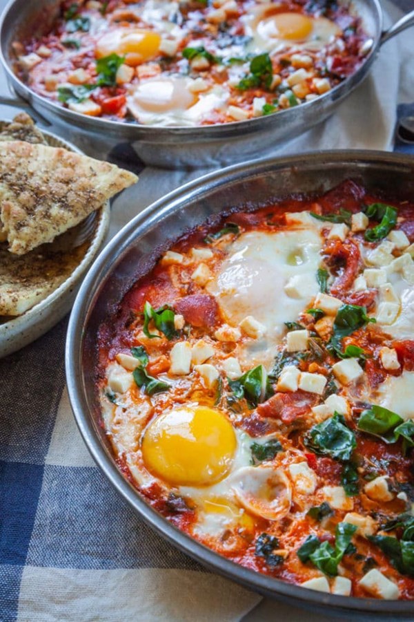 Shakshuka with feta and Swiss chard