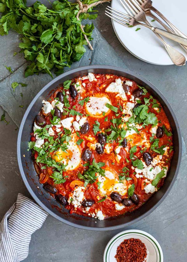 Shakshuka with feta, olives, and peppers