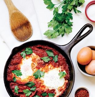 Shakshuka with garlicky wilted spinach