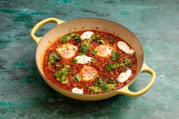 Shakshuka with green chilli and preserved lemon salsa verde