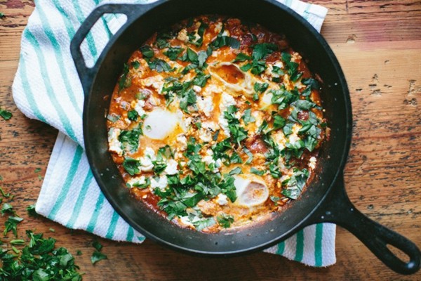 Shakshuka with kale and goat cheese