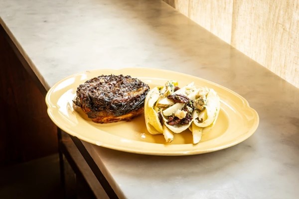 Shallot Tatin, chicory and Pevensey Blue