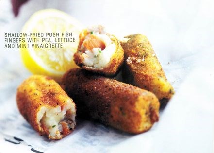 Shallow-fried posh fish fingers with pea, lettuce and mint vinaigrette