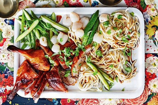 Shanghai noodles with barbecue duck and lychees